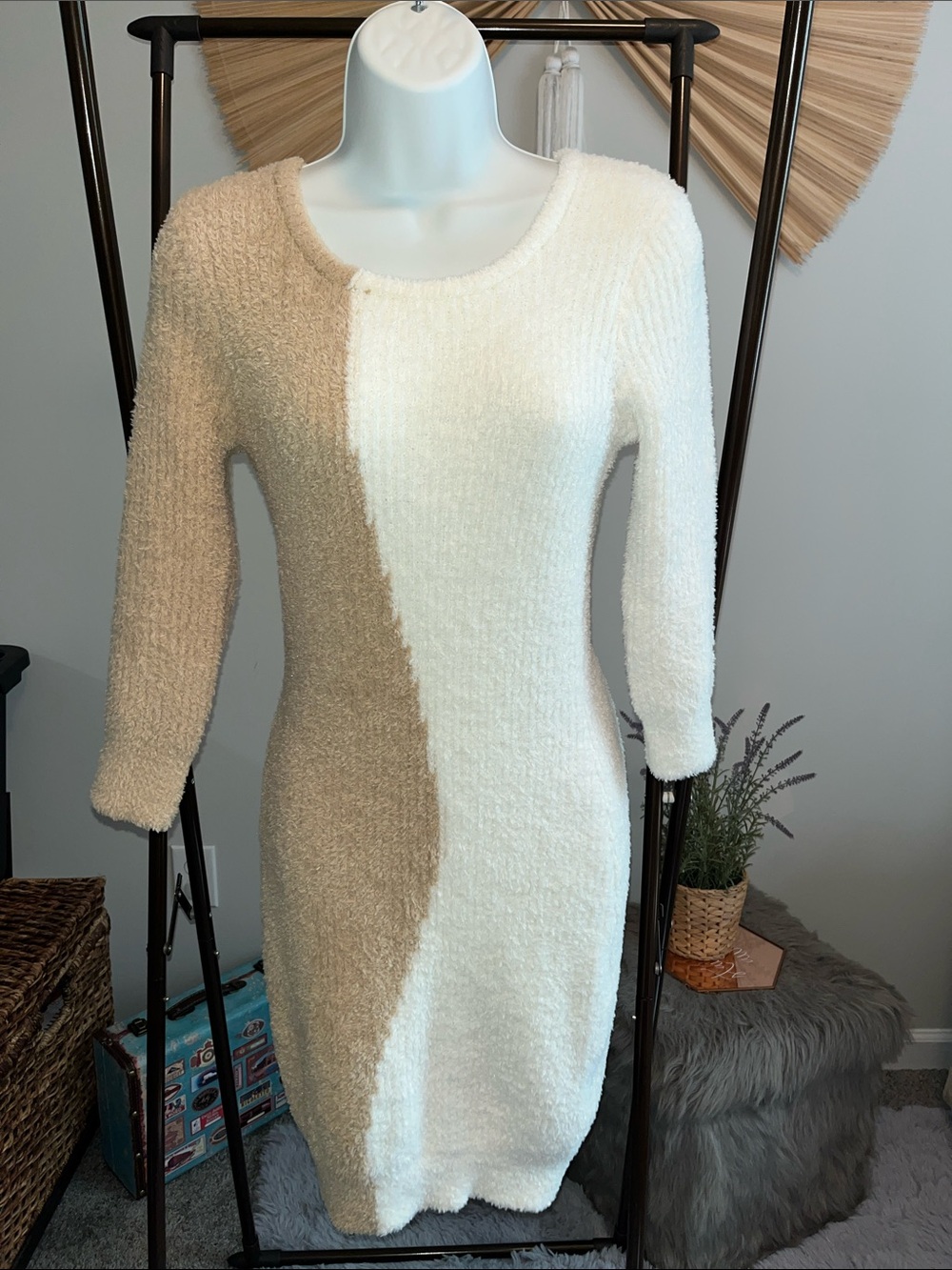 Colorblock Cream and Tan Long Sleeve Bouclé Dress